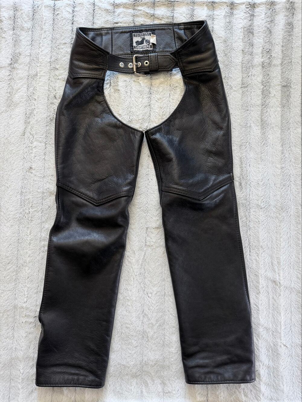 California Creations Leather Motorcycle Chaps M Black Made USA Biker Riding VTG